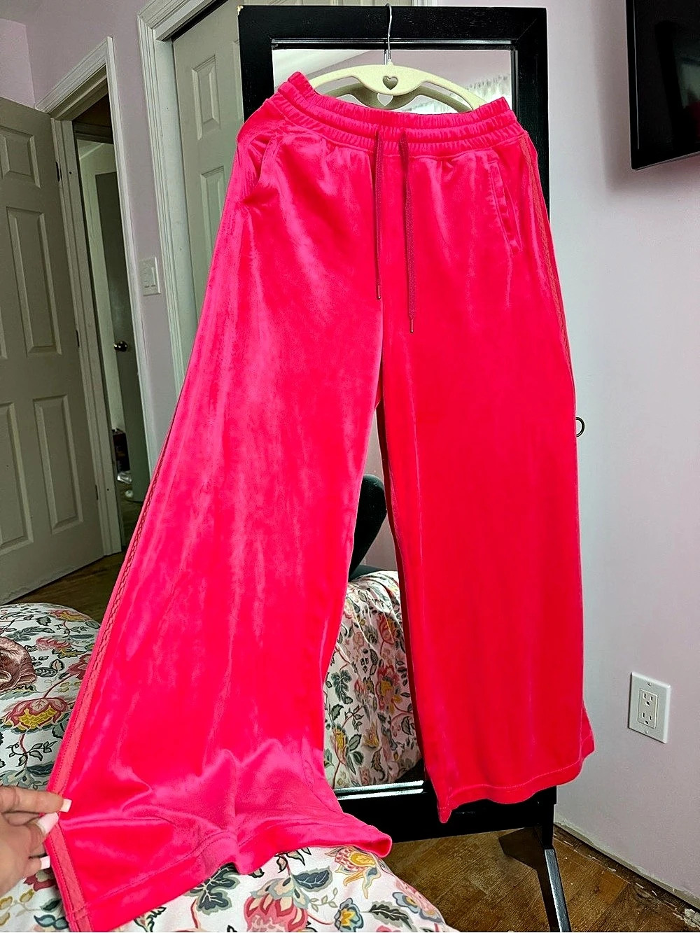 Offline by aerie wide-leg track pants in bright pink velour with an elastic wais